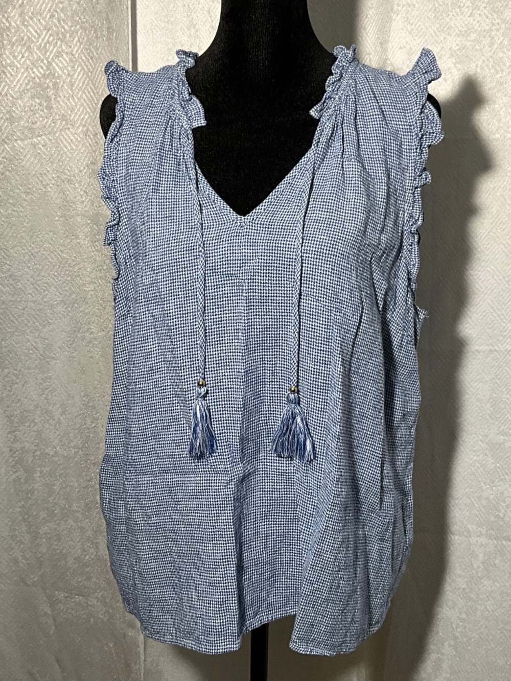 Ellen Tracy Blue Linen Blend Ruffle Tassel Sleeveless Boho Top Large